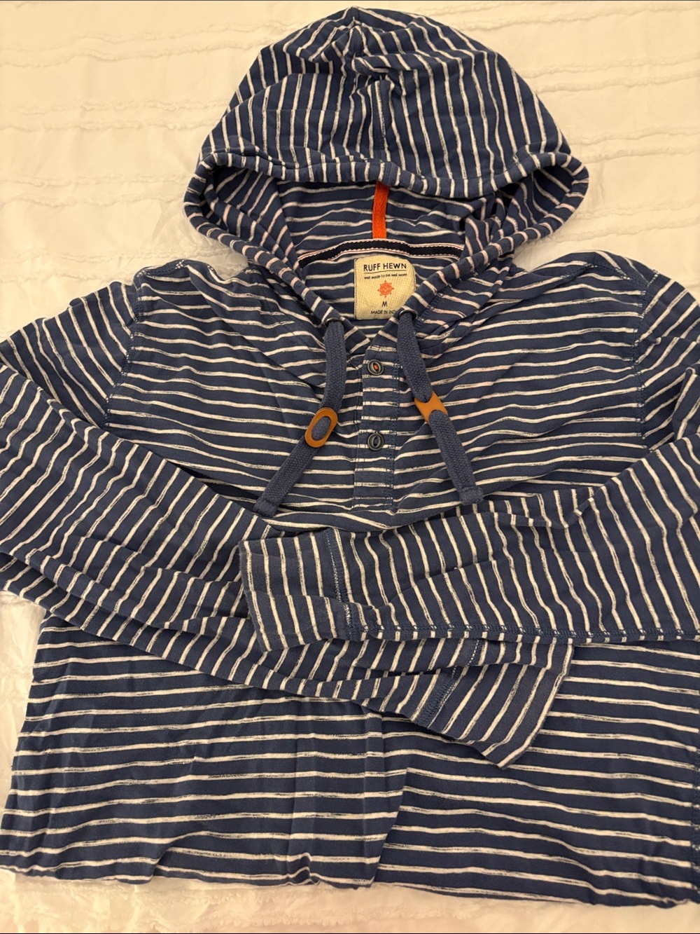 Ruff Hewn Blue and White Striped Hooded Henley Pullover